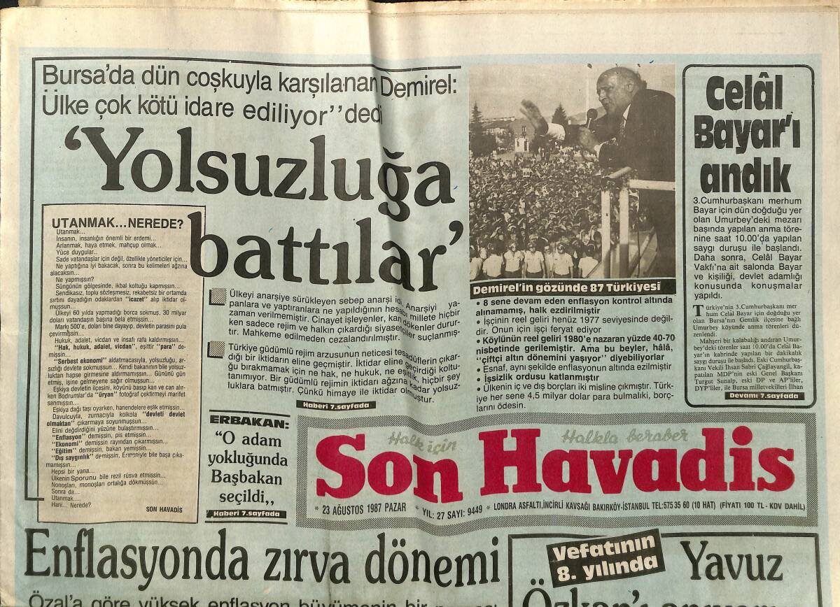 Son Havadis Gazetesi 23 Ağustos 1987 - Arnavutköy'de ANAP Yıkımı - Orta Amerika'da Barış Umudu GZ149954 - 1
