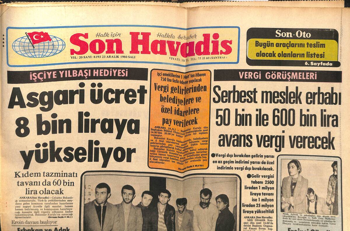 Son Havadis Gazetesi 23 Aralık 1980 - Kömüre Zam Yeni Yılda Yürürlüğe Giriyor - Asgari Ücret 8 Bin Liraya Yükseliyor GZ143438 - 1