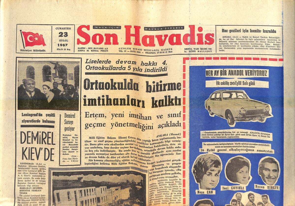 Son Havadis Gazetesi 23 Eylül 1967 - Liz Ve Richard Burton - B. Bardot Ve S. Connery Deauville'de Buluştular - Metin Oktay'ın Başı Dertte GZ143079 - 1