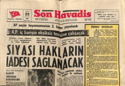 Son Havadis Gazetesi 23 Eylül 1969 - Siyasi Hakların İadesi Sağlanacak GZ73989 - 1