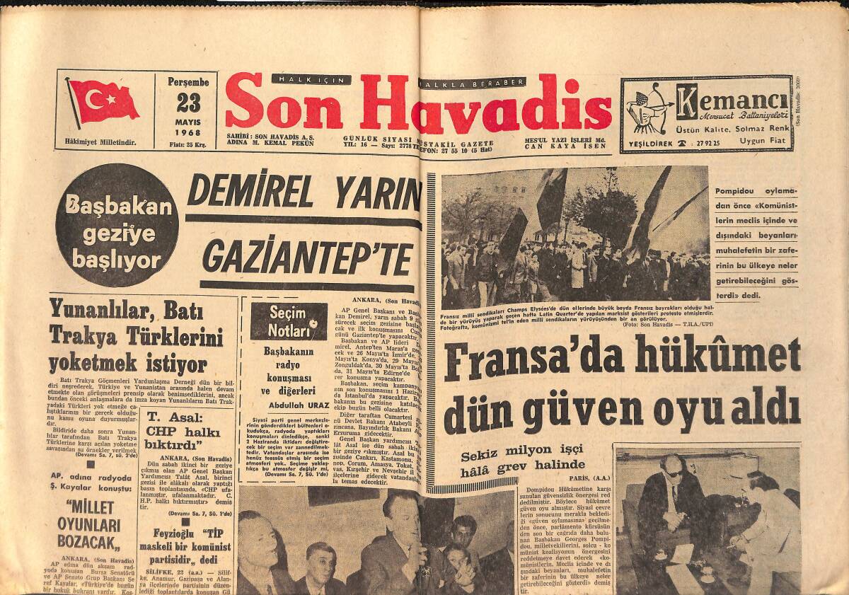 Son Havadis Gazetesi 23 Mayıs 1968 - Türk Hava Yolları Yeni Hamleye Hazırlanıyor - Fransa'da Hükümet Dün Güven Oyu Aldı GZ158787 - 1