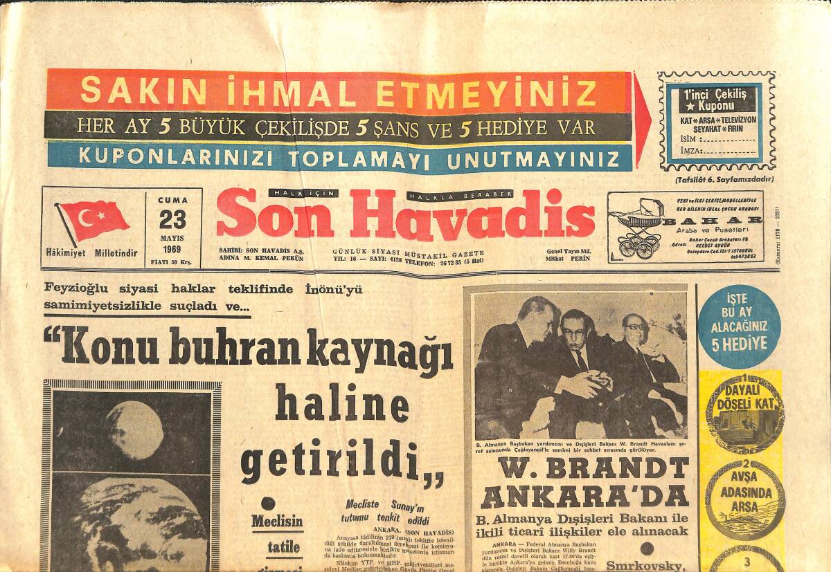 Son Havadis Gazetesi 23 Mayıs 1969 - W.Brandt Ankara'da - Apollo-10 Ay'a 15 km. Yaklaştı GZ142732 - 1