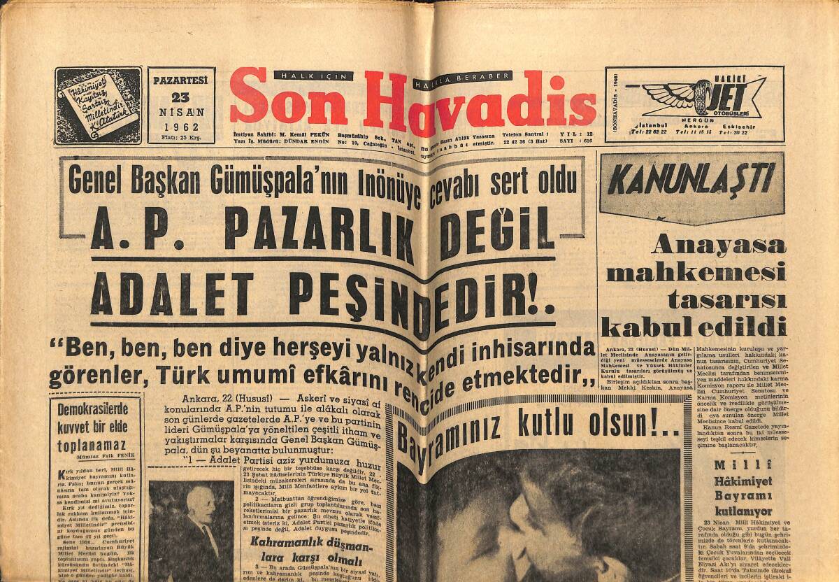 Son Havadis Gazetesi 23 Nisan 1962 - Salan'ın Yargılanması Mayıs'ta Başlanacak - A.P. Pazarlık Değil Adalet Peşindedir ! GZ148766 - 1