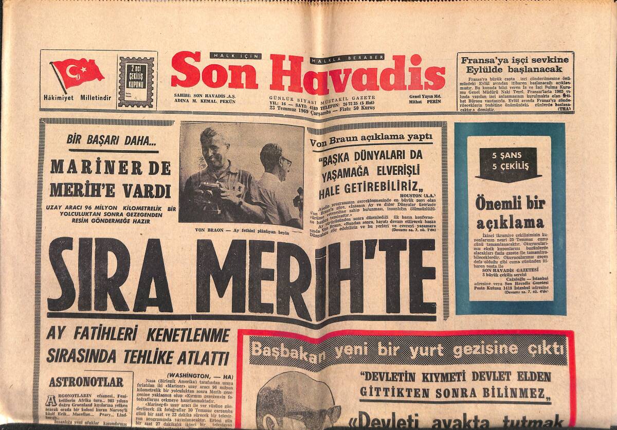 Son Havadis Gazetesi 23 Temmuz 1969 - Sıra Merih'te - M. Baturalp : Fenerbahçe Şampiyon Olacaktır GZ149653 - 1