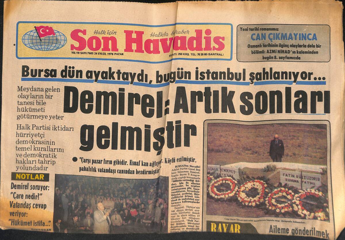 Son Havadis Gazetesi 24 Eylül 1978 - Demirel; Artık Sonları Gelmiştir -Celal Bayar İmralı'yı Anlatıyor GZ132787 - 1
