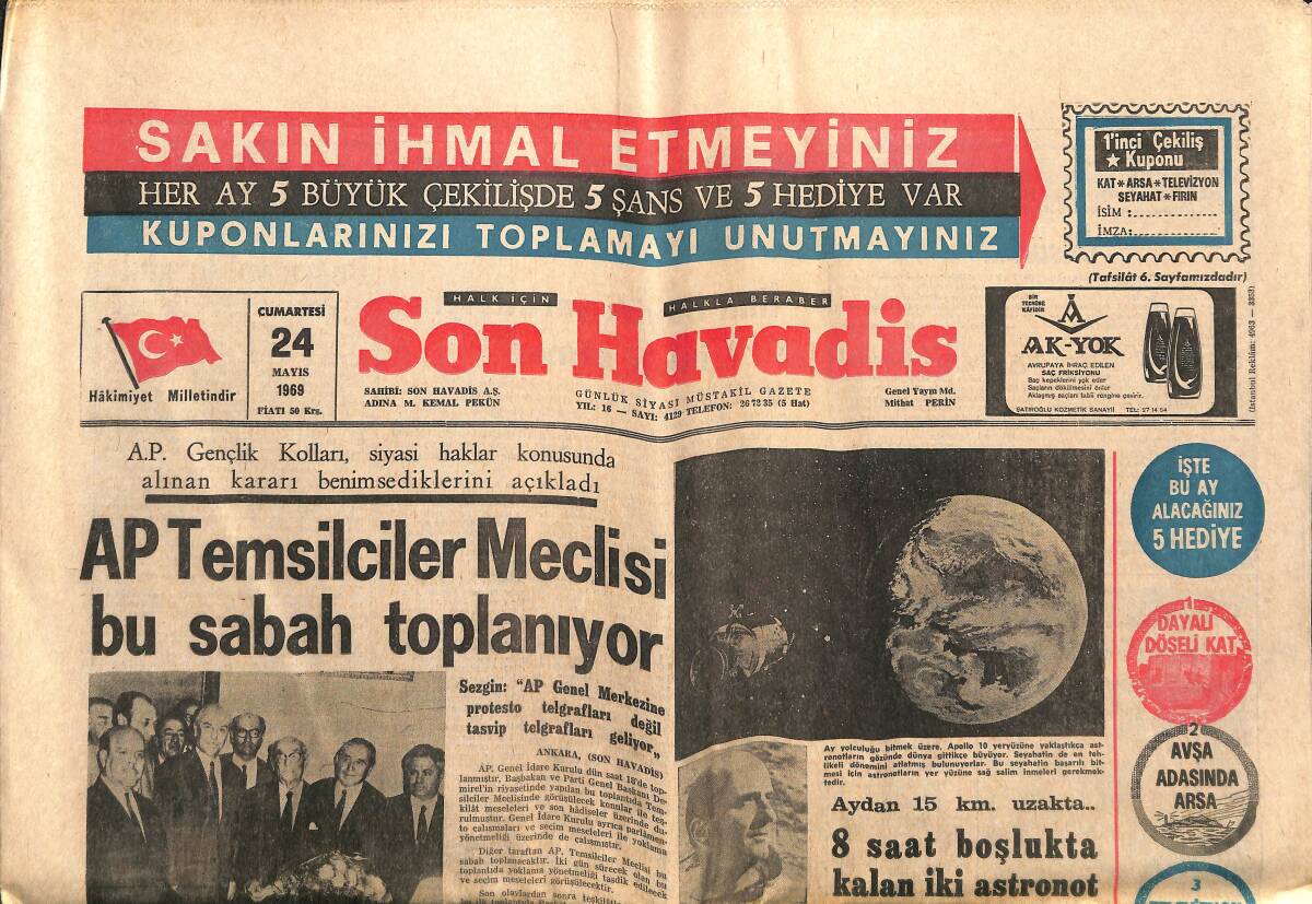 Son Havadis Gazetesi 24 Mayıs 1969 - Kamil Ocak İçin Binlerce Gaziantepli Gözyaşı Döktü - AP Temsilciler Meclisi Bu Sabah Toplanıyor GZ142760 - 1