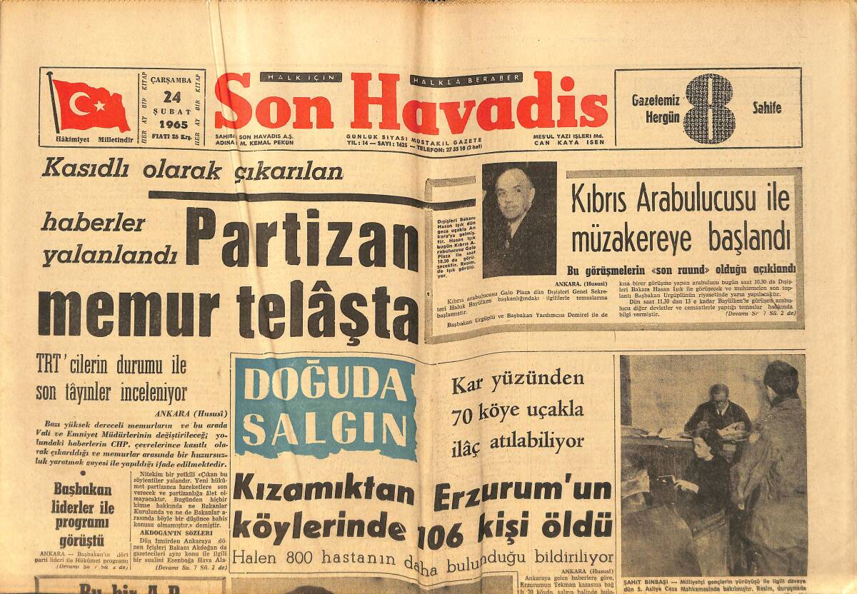 Son Havadis Gazetesi 24 Şubat 1965 - Kıbrıs Arabulucusu İle Müzakereye Başlandı - Doğu'da Kızamık Salgını GZ158658 - 1