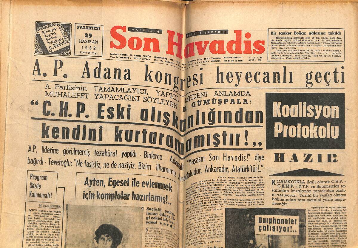 Son Havadis Gazetesi 25 Haziran 1962 - Ayten, Egesel İle Evlenmek İçin Komplolar Hazırlamış - Marlene Dietrich: Platonik Aşkı Tercih Ederim GZ143339 - 1