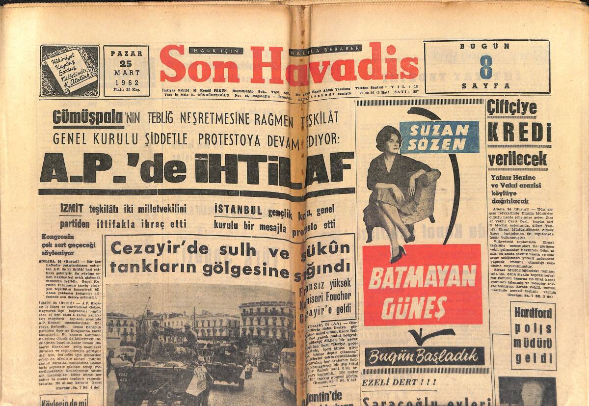 Son Havadis Gazetesi 25 Mart 1962 - Cezayir'de Sulh Ve Sükun Tankların Gölgesine Sığındı - Brigitte Bardot Son Defa Soyundu GZ149281 - 1