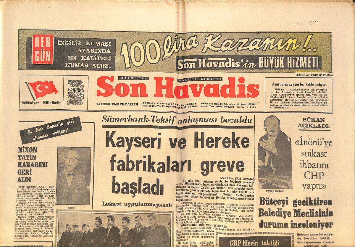 Son Havadis Gazetesi 25 Ocak 1969 - Kayseri Ve Hereke Fabrikaları Greve Başladı -Beşiktaş'ın Mali Kongresi Yarın - İnönü'ye Suikast İhbarını CHP Yaptı GZ142977 - 1