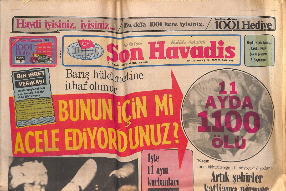Son Havadis Gazetesi 26 Aralık 1978 - Bülent Ersoy'un Arabası 604 Peugent - Maraşlı İtfaiyeci : 250 Ceset Gömüldü GZ133836 - 1