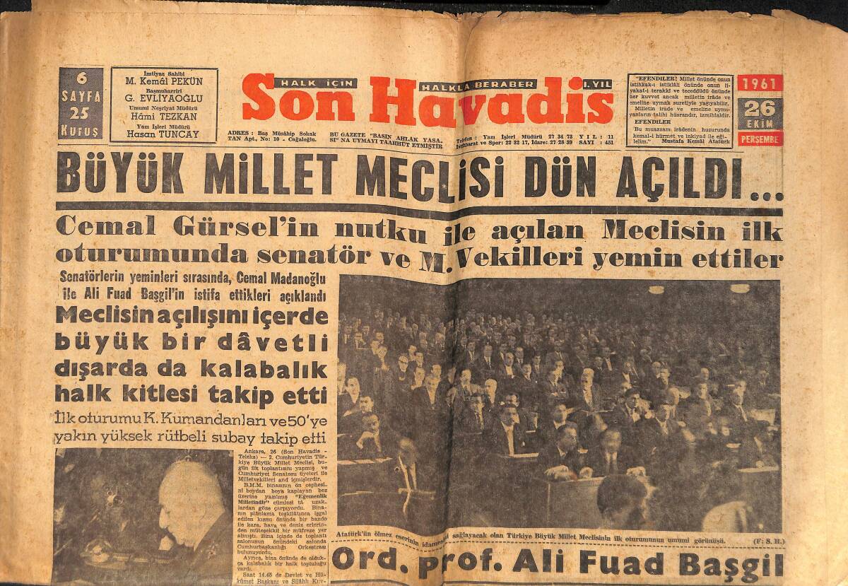 Son Havadis Gazetesi 26 Ekim 1961 - Büyük Millet Meclisi Dün Açıldı... GZ158837 - 1