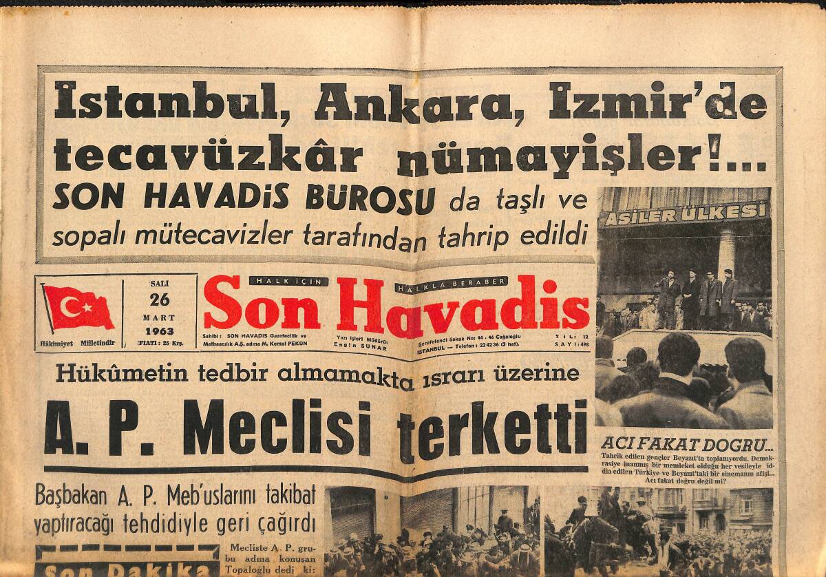 Son Havadis Gazetesi 26 Mart 1963 - Celal Bayar Rahatsız - A.P. Meclisi Terketti GZ141094 - 1