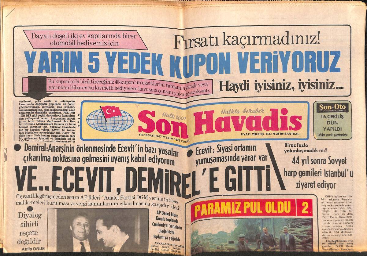 Son Havadis Gazetesi 27 Ekim 1978 - Hayatını Yazan Zeki Müren - Ve Ecevit , Demirel'e Gitti GZ149657 - 1