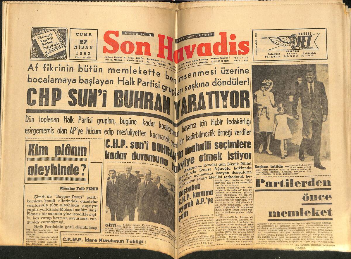 Son Havadis Gazetesi 27 Nisan 1962 - Başkan Kennedy Tatilde - Amerikalıların En Mühim Meseleleri GZ148963 - 1