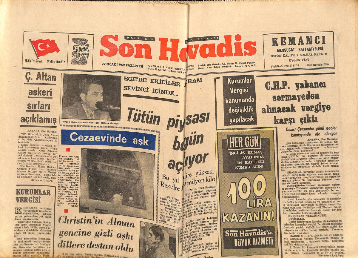 Son Havadis Gazetesi 27 Ocak 1969 - CHP Yabancı Sermayeden Alınacak Vergiye Karşı Çıktı - Moskova'daki Suikast Liderlere Yapılmış GZ149762 - 1
