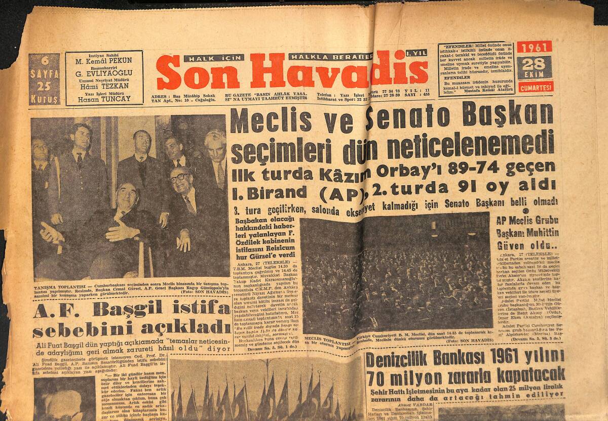 Son Havadis Gazetesi 28 Ekim 1961 - Denizcilik Bankası 1961 Yılını 70 Milyon Zararla Kapatacak GZ158833 - 1
