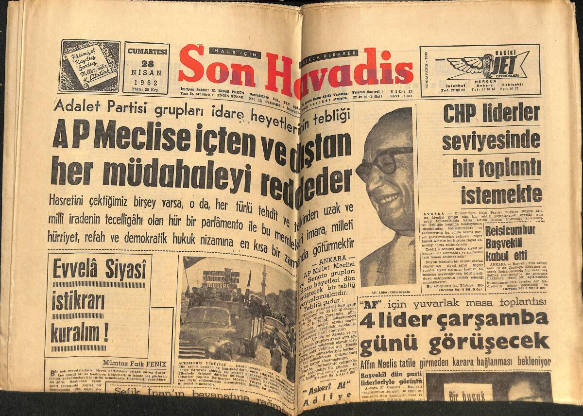 Son Havadis Gazetesi 28 Nisan 1962 - Liz-Burton Otomobil Kazası Geçirdi - Adana CHP İl İdare Heyeti İstifa Etti GZ149013 - 1
