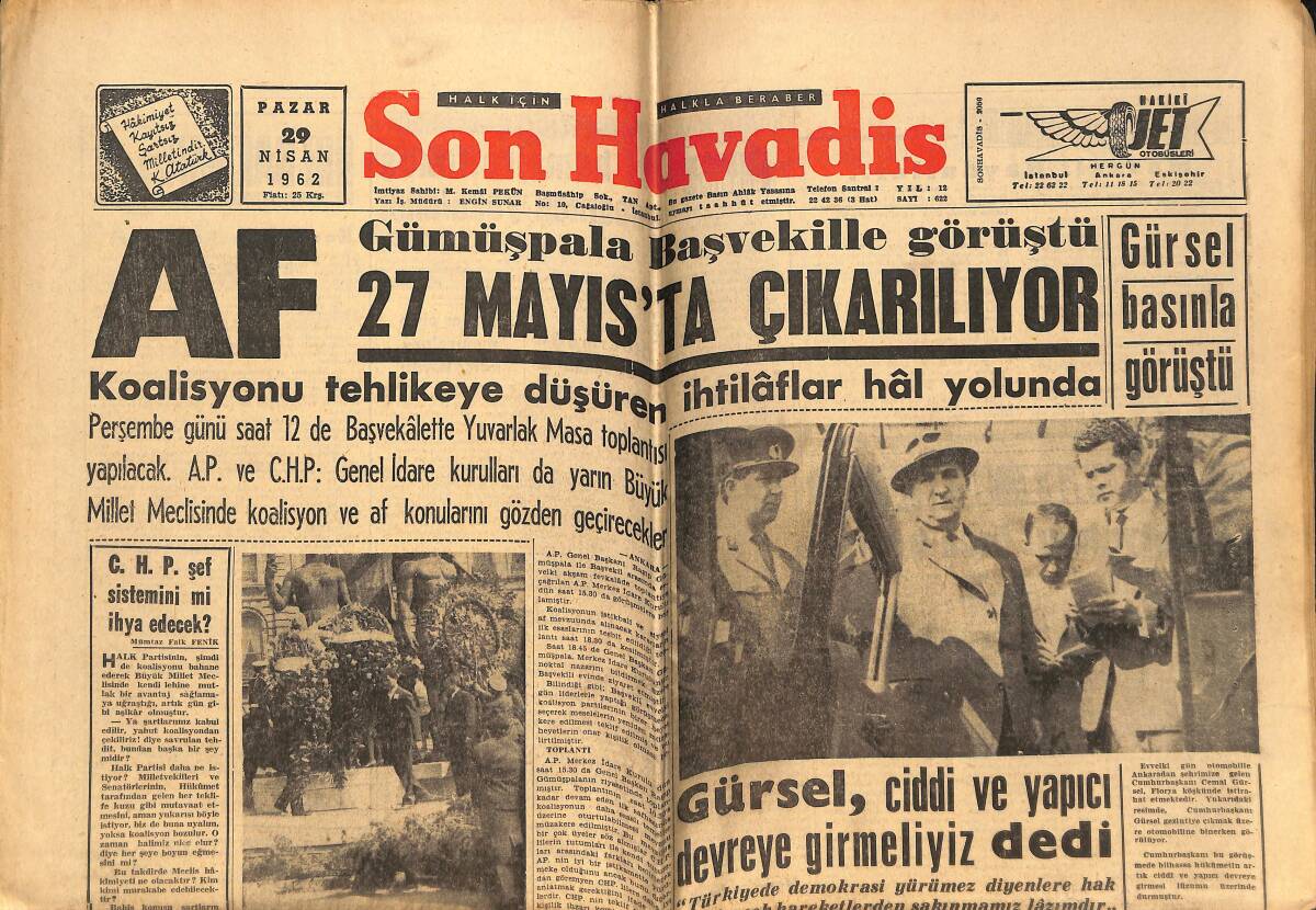Son Havadis Gazetesi 29 Nisan 1962 - Egesel Gazetecilere Hukuk Dersi Verdi - Gürsel Basınla Görüştü GZ148811 - 1