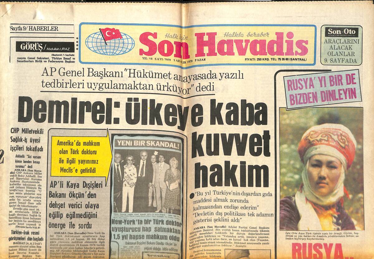 Son Havadis Gazetesi 3 Aralık 1978 - Süleyman Demirel: Ülkeye Kaba Kuvvet Hakim - Ayşegül Vardar İle Ahmet Akdağ'ın Nikah Şahitliğini Vehbi Koç Yaptı! GZ142981 - 1