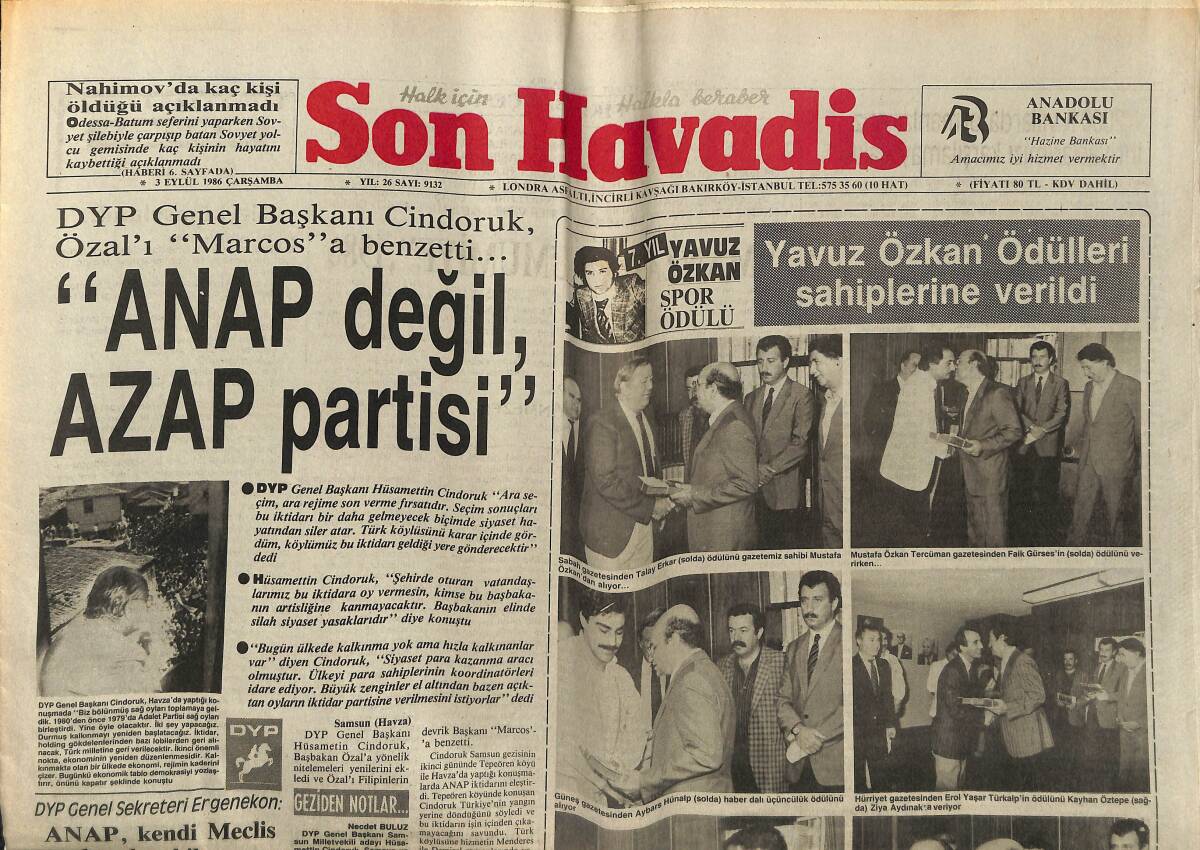Son Havadis Gazetesi 3 Eylül 1986 - ANAP Değil Azap Partisi - Önce Zorlu'yu Sonra Hasan'ı Alıp Götürmüşler, Asmışlar GZ149755 - 1