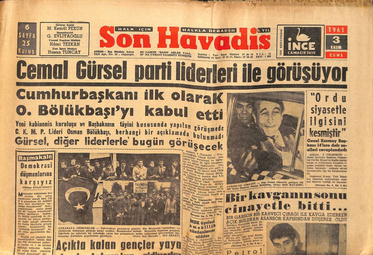 Son Havadis Gazetesi 3 Kasım 1961 - Zonguldak'ta Binlerce Talebe Nümayiş Yapıyor - Cemal Gürsel Parti Liderleri İle Görüşüyor GZ158841 - 1