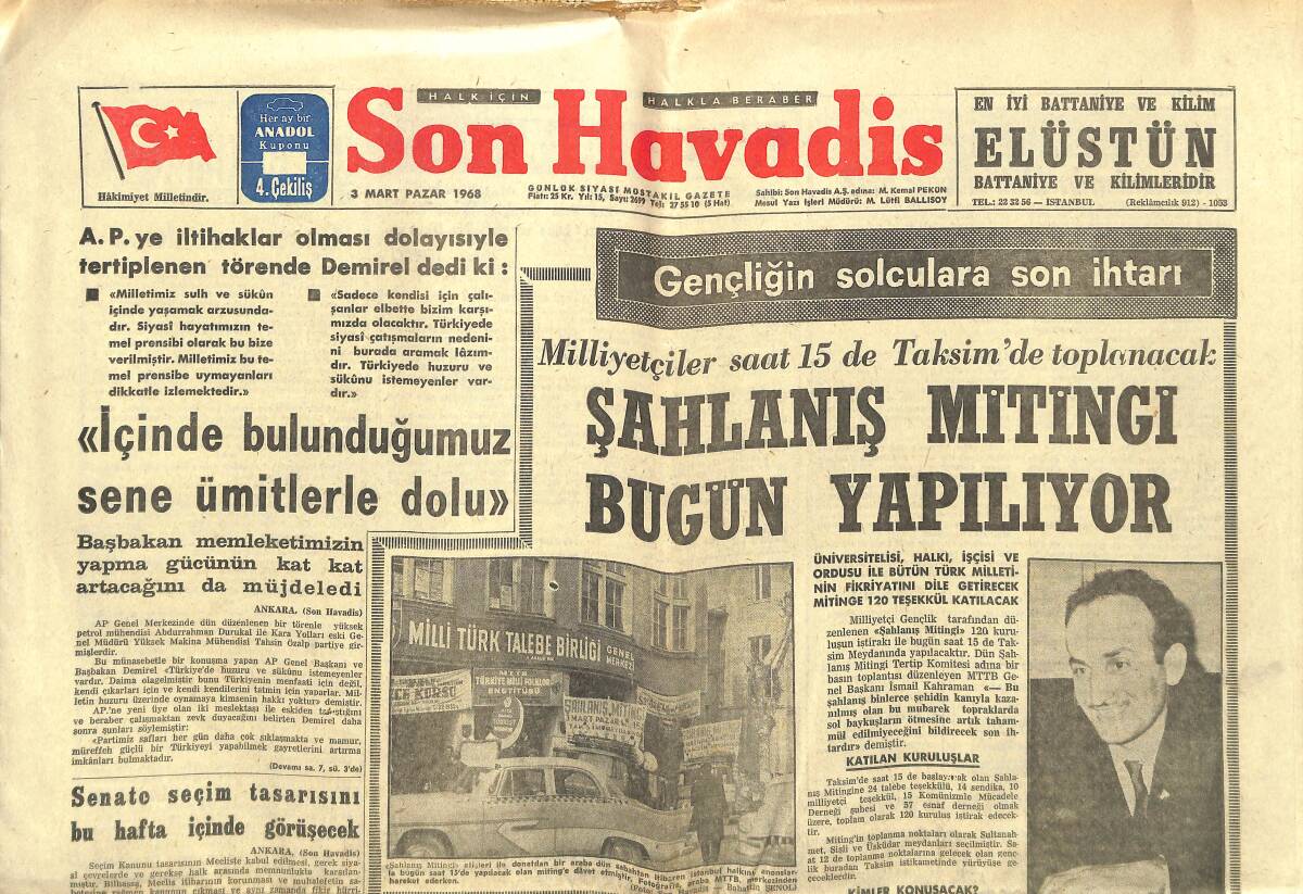 Son Havadis Gazetesi 3 Mart 1968 - 204. Randevu Bugün Fenerbahçe-Galatasaray - Metin Oktay: Bu Maç Benim Maçım GZ142831 - 1