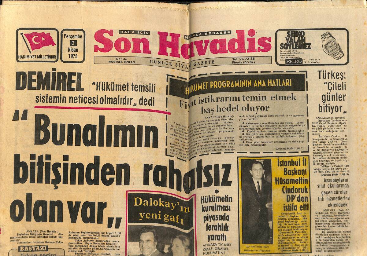 Son Havadis Gazetesi 3 Nisan 1975 - Serik'te Börekten Zehirlenen 4 Kişi Öldü - Dalokay'ın Yeni Gafı GZ160286 - 1