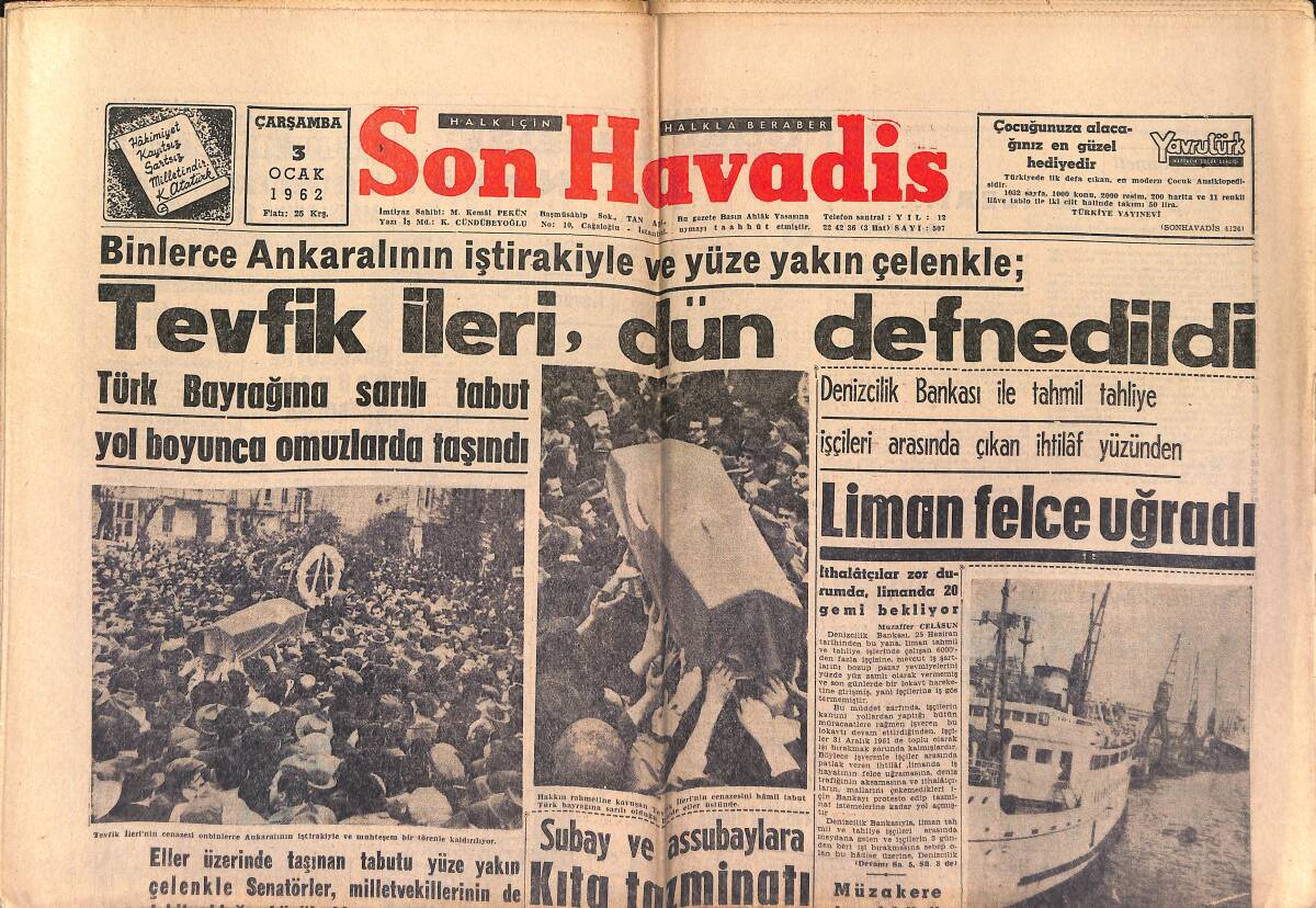 Son Havadis Gazetesi 3 Ocak 1962 - Tevfik İleri, Dün Defnedildi - Yunan Prensesi Sophie İle Don Juan Carlos Nişanlandı - Gina Kan Veriyor GZ149277 - 1