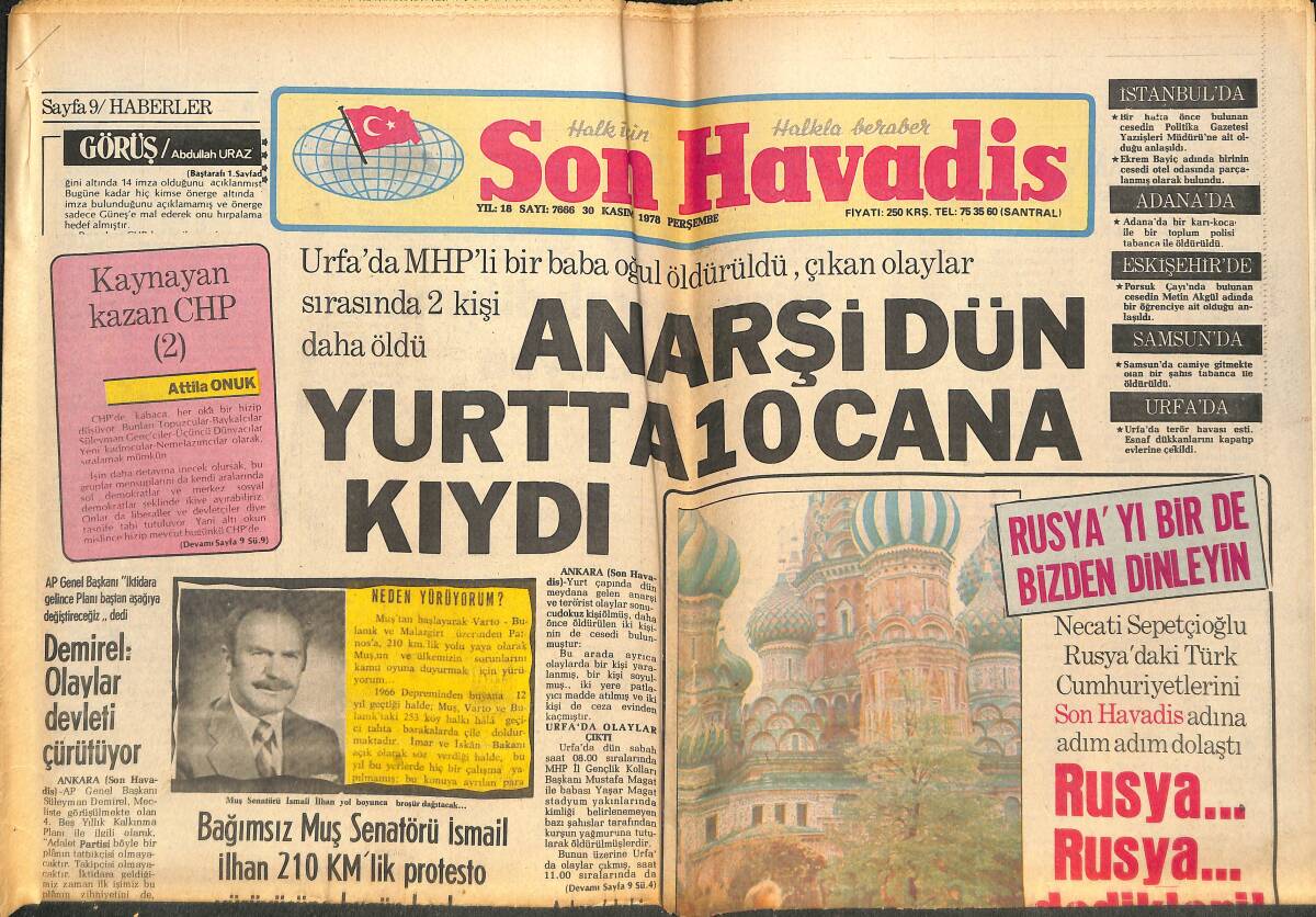 Son Havadis Gazetesi 30 Kasım 1978 - Prenses Grace , İstanbul'a Hayran Kaldı - Anarşi Dün Yurtta 10 Cana Kıydı GZ142879 - 1