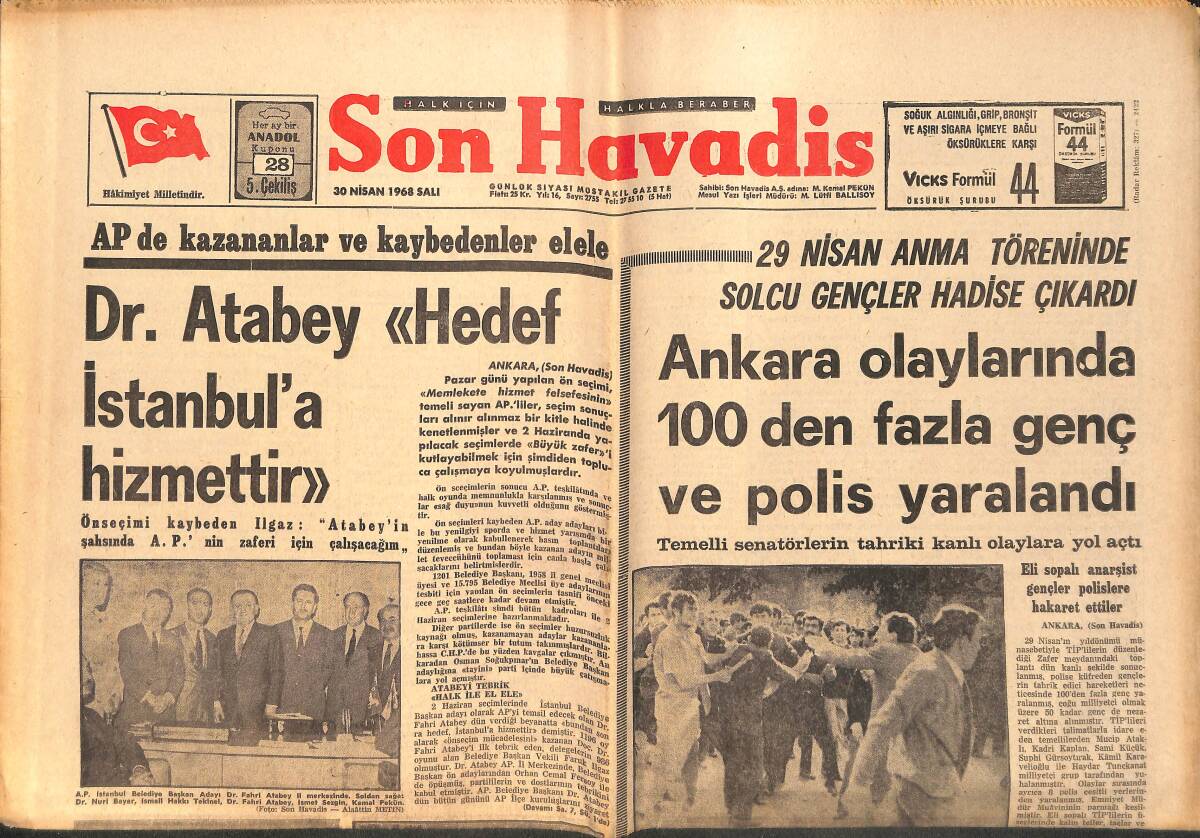 Son Havadis Gazetesi 30 Nisan 1968 - Ankara olaylarında 100'den Fazla Genç Ve Polis Yaralandı GZ158863 - 1