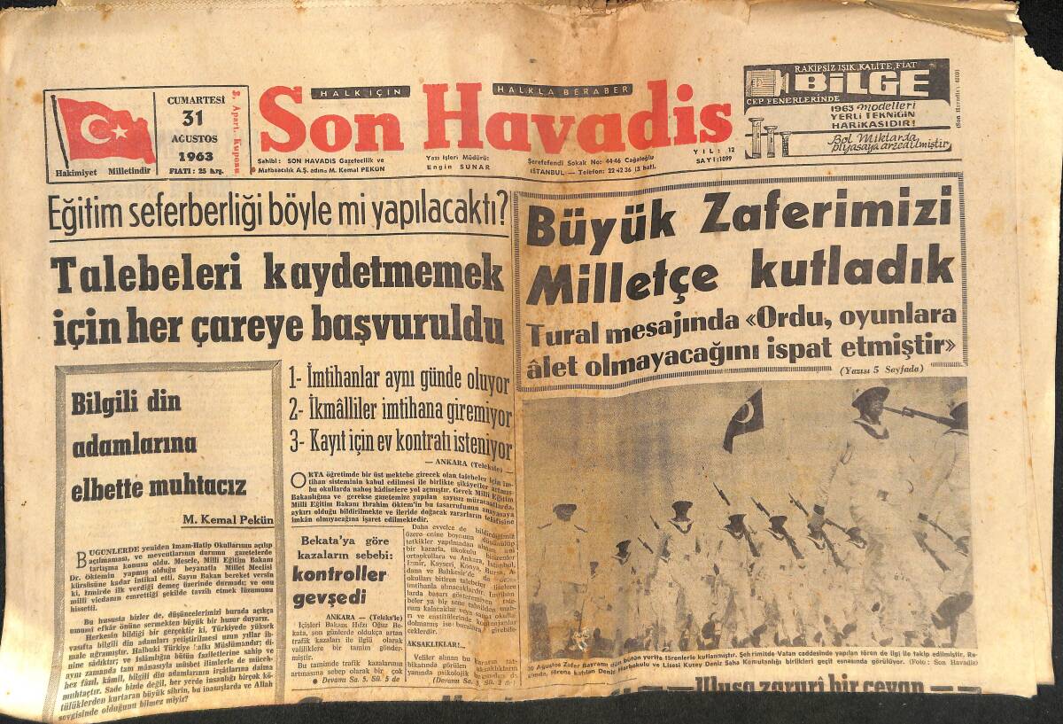 Son Havadis Gazetesi 31 Ağustos 1963 - Ragıp Gümüşpala İstanbul'a Gelecek - Büyük Zaferimizi Milletçe Kutladık GZ134133 - 1