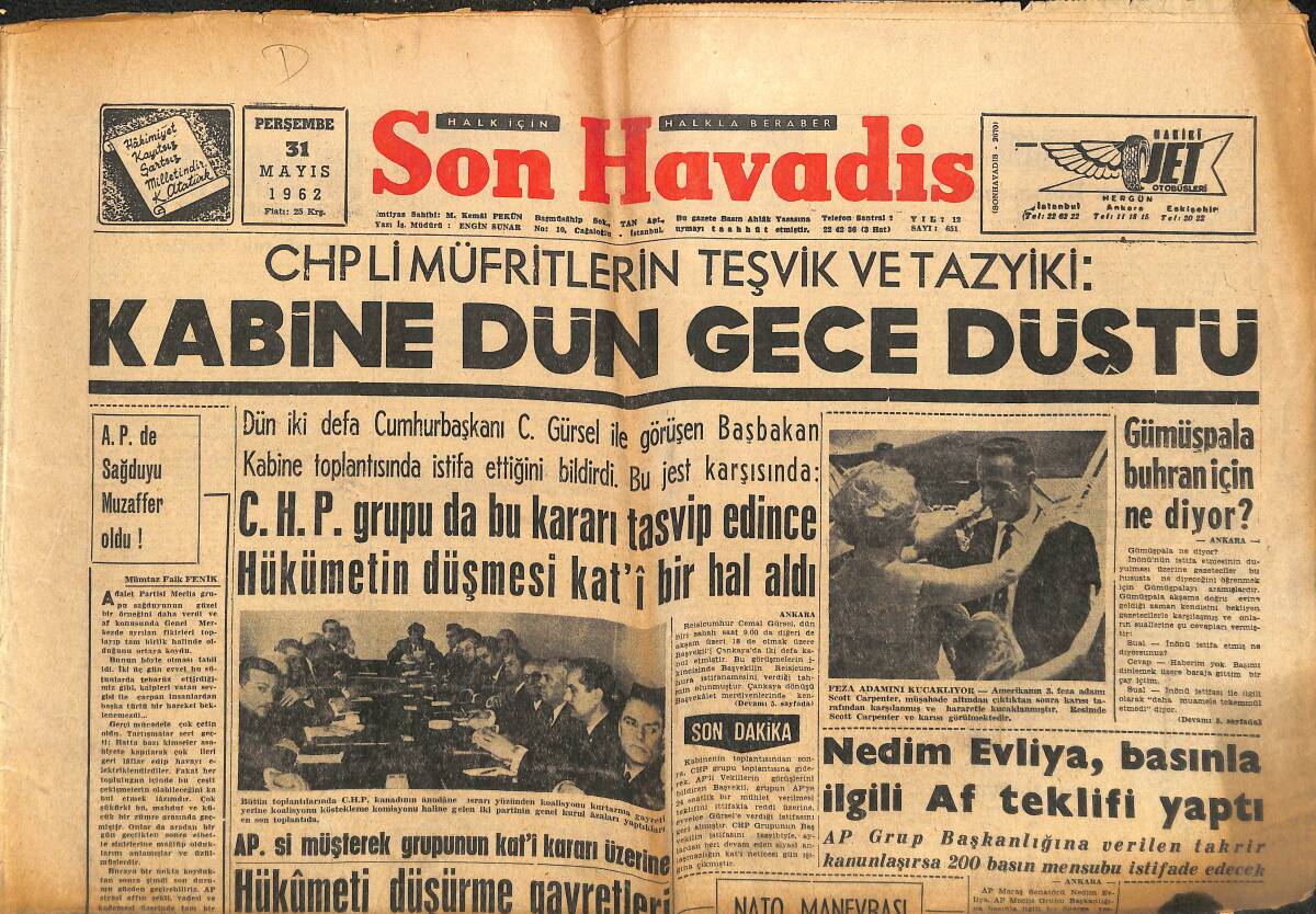 Son Havadis Gazetesi 31 Mayıs 1962 - Kabine Dün Gece Düştü - Nedim Evliya, Basınla İlgili Af Teklifi Yaptı GZ142655 - 1