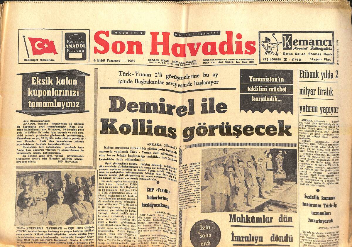 Son Havadis Gazetesi 4 Eylül 1967 - Sophia Loren Ameliyat Olacak - Fenerbahçe Sahası Törenle Açıldı GZ143066 - 1