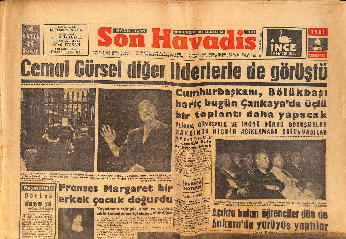 Son Havadis Gazetesi 4 Kasım 1961 - Cemal Gürsel Diğer Liderlerle de Görüştü GZ158842 - 1
