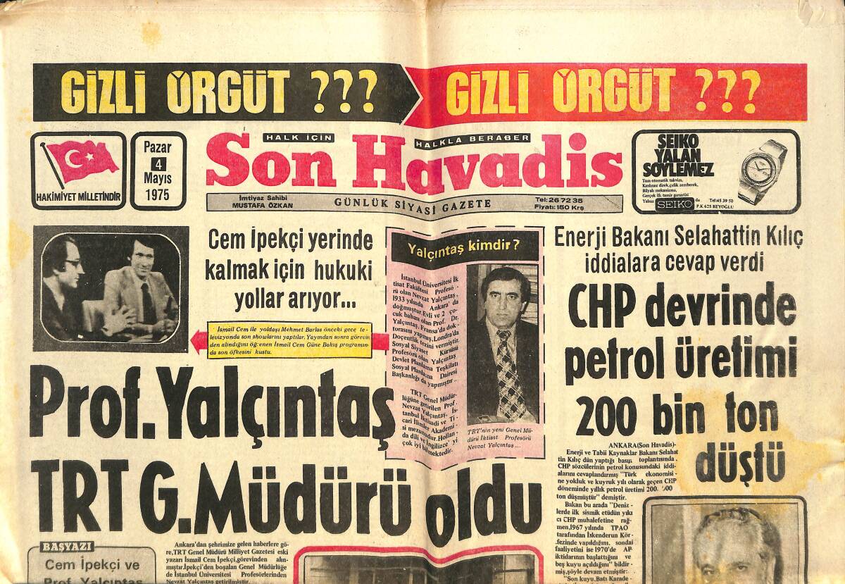 Son Havadis Gazetesi 4 Mayıs 1975 - prof. Yalçıntaş TRT G. Müdürü Oldu - Gazeteci Ecvet Güresin Öldü GZ142877 - 1
