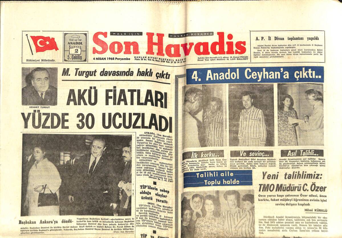 Son Havadis Gazetesi 4 Nisan 1968 - Kısa Bir Ayrılıktan Sonra Kennedy'ler Geri Dönüyor - Son Havadis Eğlence Gecesi GZ142839 - 1