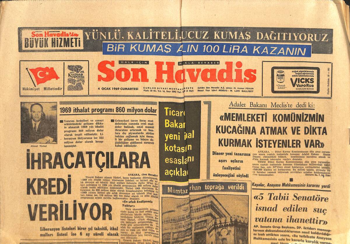 Son Havadis Gazetesi 4 Ocak 1969 - Gary'nin Suç Ortağı 5 Kişi Tevkif Edildi - Almanya'da Eğitimde Bir Reform GZ144139 - 1