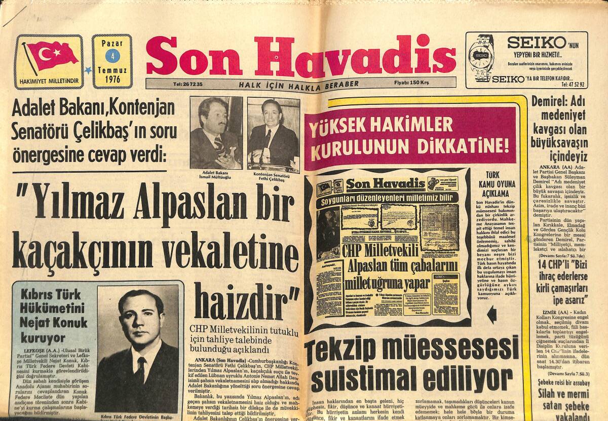 Son Havadis Gazetesi 4 Temmuz 1976 - Türk Hava Kurumu , Uçaklarını Halkın Hizmetine Verdi - Tekzip Müessesesi Suistimal Ediliyor GZ143428 - 1