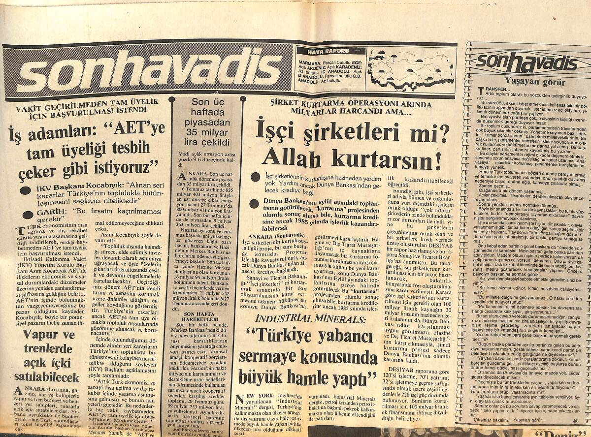 Son Havadis Gazetesi 5 Ağustos 1984 - Türkiye Yabancı Sermaye Konusunda Büyük Hamle Yaptı - SSK Primlerini Yatırmayan Ceza GZ142985 - 1
