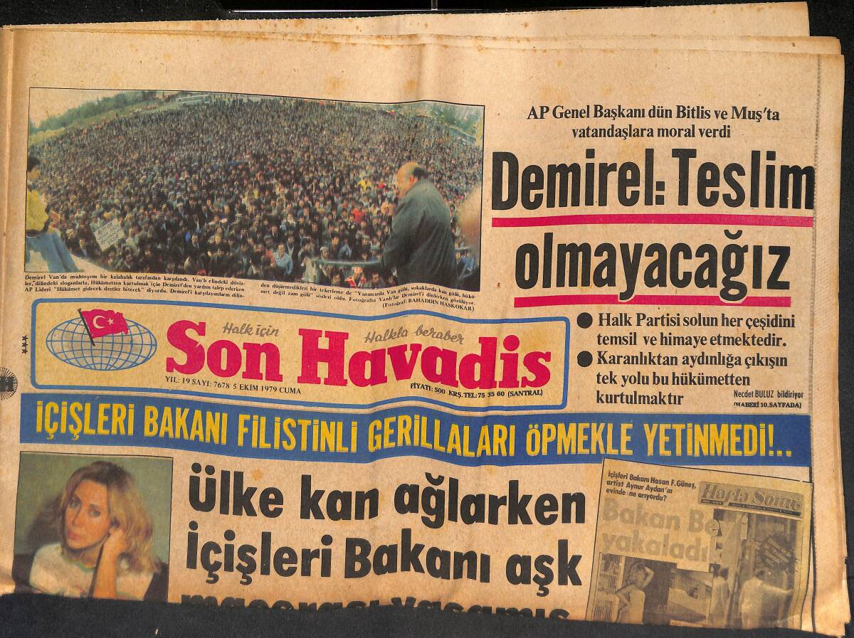 Son Havadis Gazetesi 5 Ekim 1979 - İçişleri Bakanı Güneş , Aydan'ın Evindeyken Yurtta 7 Kişi Can Veriyordu - Nurdan Aşar Tiyatroya Dönüyor GZ134442 - 1