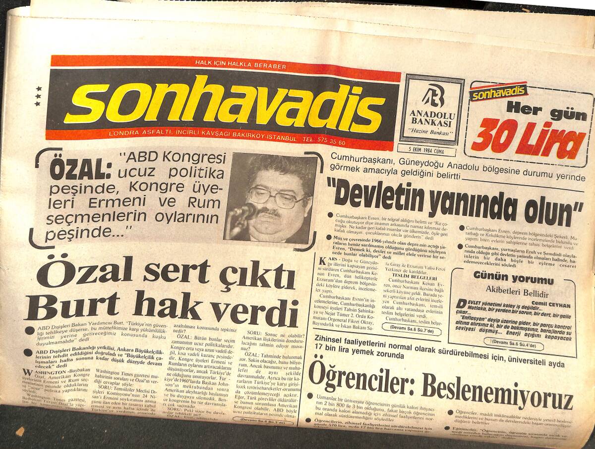 Son Havadis Gazetesi 5 Ekim 1984 - Turgut Özal Sert Çıktı Burt Hak Verdi - Japon Gençliği Sapıttı GZ144122 - 1