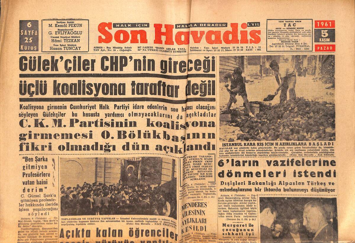 Son Havadis Gazetesi 5 Kasım 1961 - Mahmut Baler Beraet Etti - Suruç'ta Sel 70 Evi Yıktı GZ158866 - 1