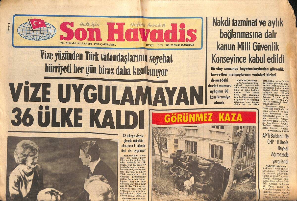 Son Havadis Gazetesi 5 Kasım 1980 - Reagan Beyaz Saraya Yürüyor - Vize Uygulamayan 36 Ülke Kaldı GZ133838 - 1