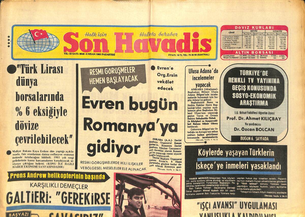 Son Havadis Gazetesi 5 Nisan 1982 - Evren bugün Romanya'ya Gidiyor - Avrupa Liglerinde Geçen Hafta GZ142751 - 1