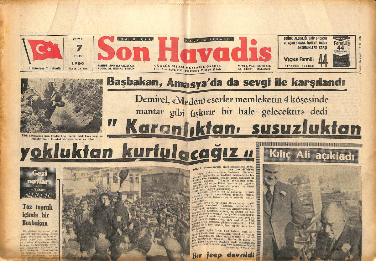 Son Havadis Gazetesi 7 Ekim 1966 - Demirel: Karanlıktan, Susuzluktan Yokluktan Kurtulacağız! - Ilgaz Türk Futbolunun Prestijini Koruduk! GZ142955 - 1