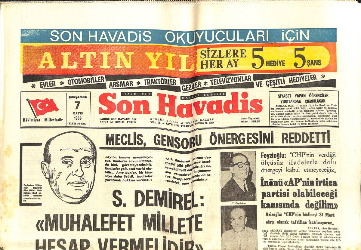 Son Havadis Gazetesi 7 Mayıs 1969 - Jane Fonda Kocası Vadim'den Boşanıyor - Demirel: Muhalefet Millete Hesap Vermelidir GZ142838 - 1