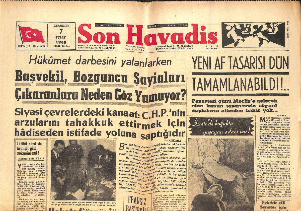 Son Havadis Gazetesi 7 Şubat 1963 - Lefter Ve Can Milli Takımda Yok - O.İlter'in Yeni Zam Politikası GZ142721 - 1
