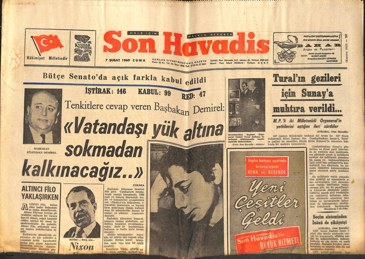 Son Havadis Gazetesi 7 Şubat 1969 - Tural'ın Gezileri İçin Sunay'a Muhtıra Verildi... GZ158807 - 1