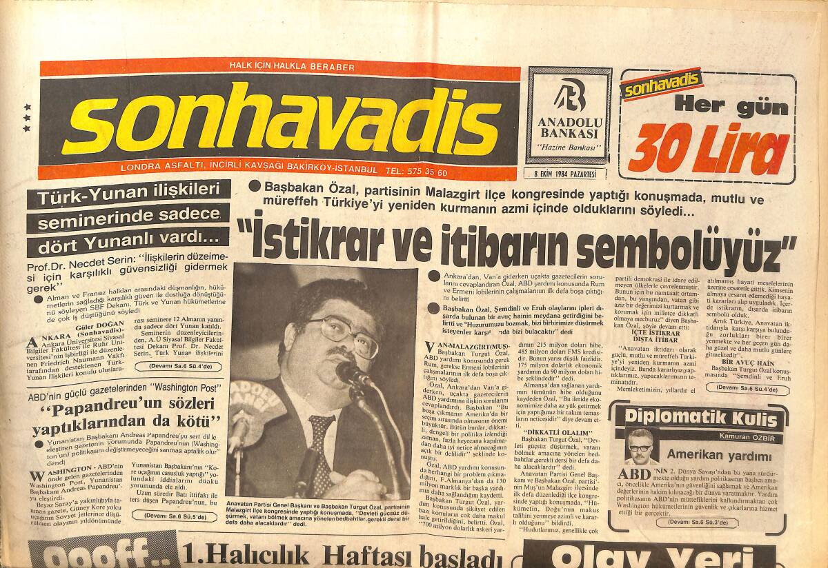 Son Havadis Gazetesi 8 Ekim 1984 - Turgut Özal: İstikrar Ve İtibarın Sembolüyüz! - Şendoğan Yörükoğlu 7. Etap Birincisi Oldu! GZ144120 - 1